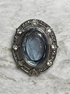 Silver-Tone Blue Glass Cameo Brooch with Crystal Accents Presidents Club Pin